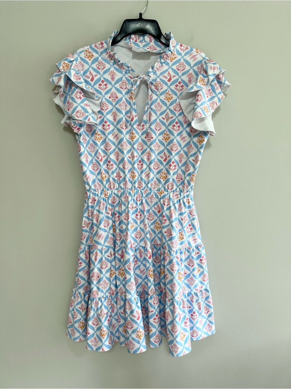 Smith & Quinn Sage Ruffle Trim Tiered Floral Citrus Cap Sleeve Mini Dress, sz M